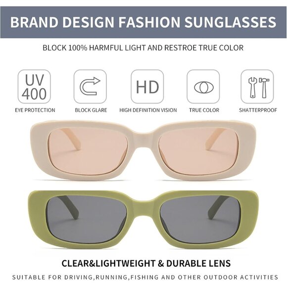 Trendy Rectangle Green Beige Sunglasses Women Men Retro Square Fashion Shades - Picture 3 of 5